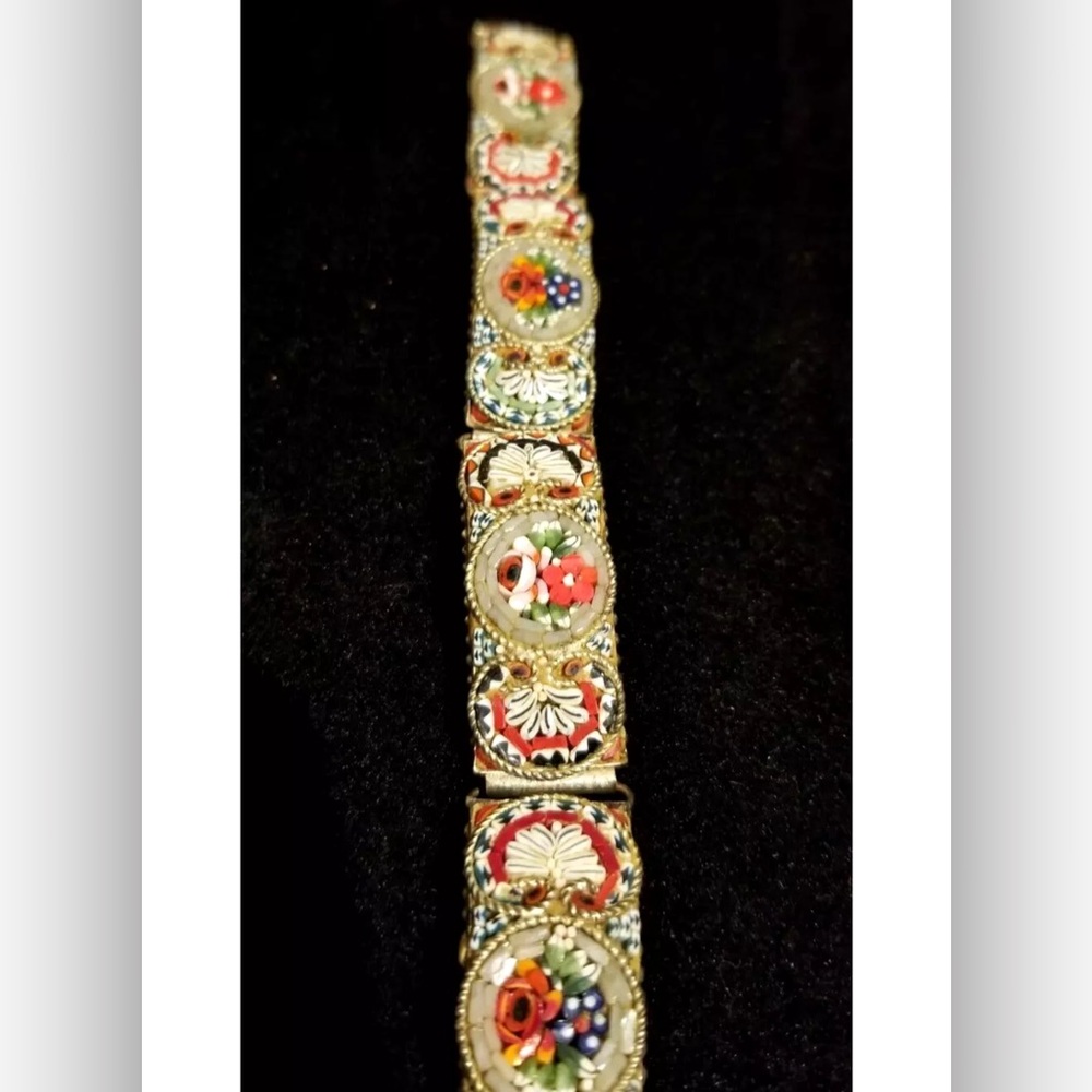 Vintage Silver Tone Italy Micro Mosaic Panel Bracelet Flowers Bouquet